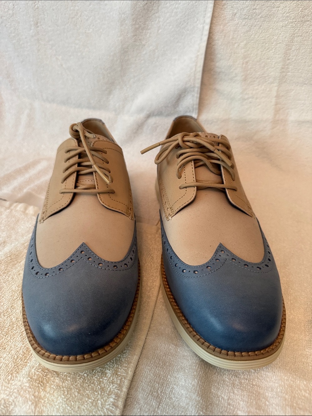 Cole Haan Two-Tone Wingtip Oxfords in Beige and Blue